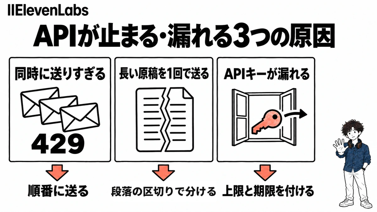 ElevenLabsのAPIが止まる・漏れる3つの原因と対策。同時に送りすぎる（429）は順番に送る、長い原稿は段落の区切りで分ける、APIキーの漏れには上限と期限を付ける