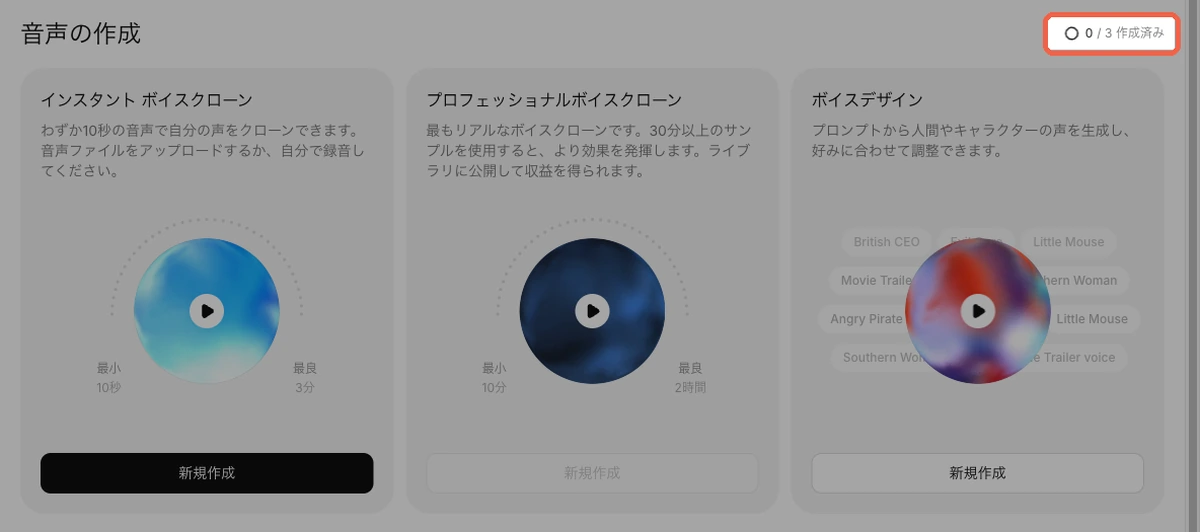 ElevenLabsの音声の作成の画面。右上の「0 / 3 作成済み」は、作った声を保存する枠の数