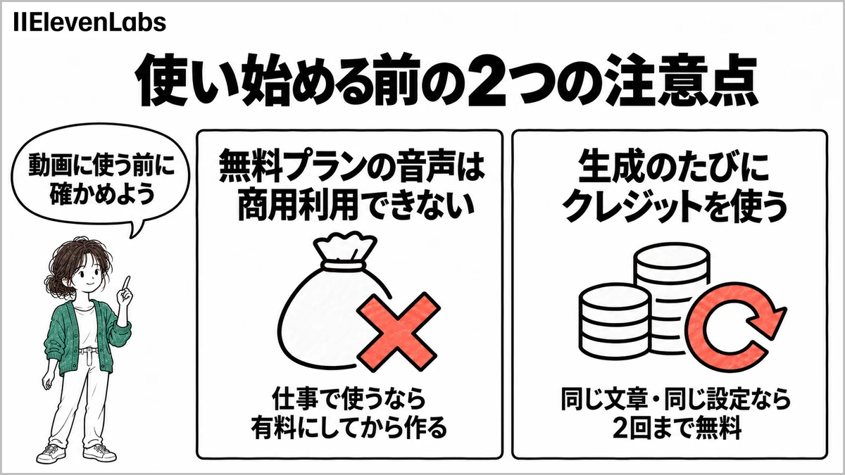 ElevenLabsを使い始める前の2つの注意点。無料プランの音声は商用利用できない、生成のたびにクレジットを使う