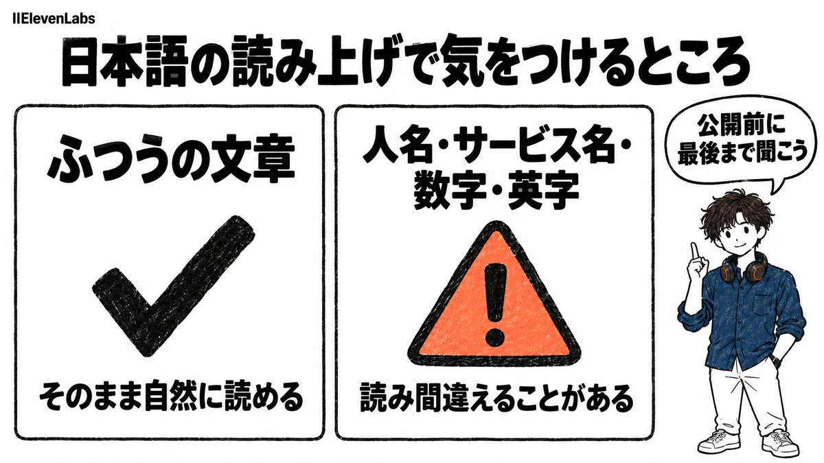 ElevenLabsの日本語の読み上げで気をつけるところ。ふつうの文章はそのまま自然に読めるが、人名・サービス名・数字・英字は読み間違えることがある