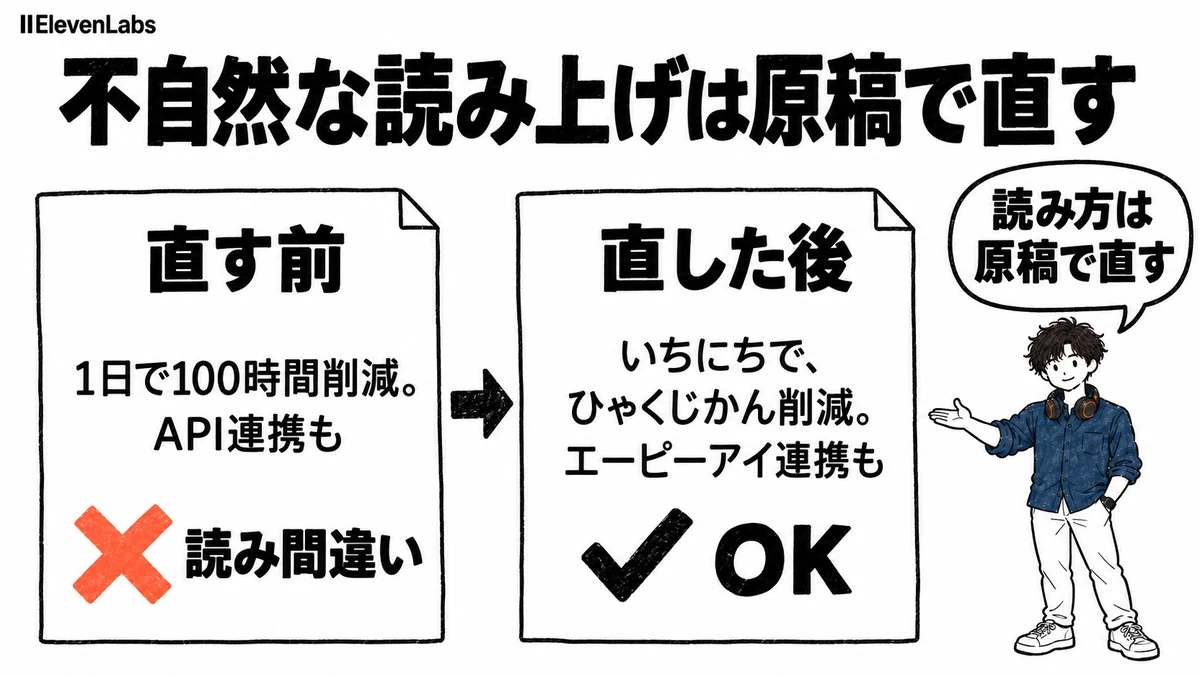 ElevenLabsの日本語の読み間違いを原稿で直す例。「1日で100時間削減。API連携も」を「いちにちで、ひゃくじかん削減。エーピーアイ連携も」と書き換える