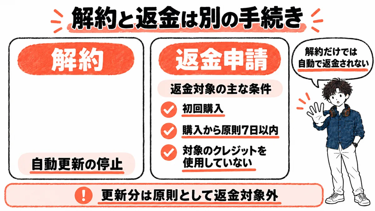 Higgsfieldの解約と返金申請が別の手続きであることと、返金対象の主な条件3つを示した図
