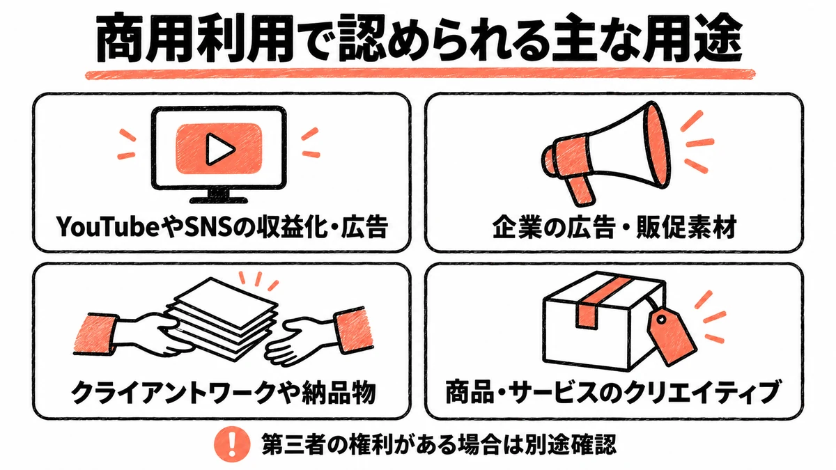 Higgsfieldの商用利用で認められる主な用途を4つ並べた一覧図