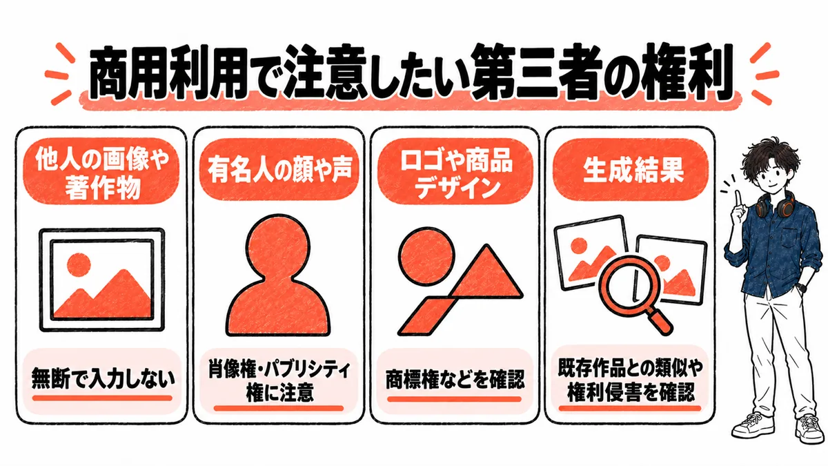 Higgsfieldの商用利用で注意したい第三者の権利を、4つの確認点にまとめた図