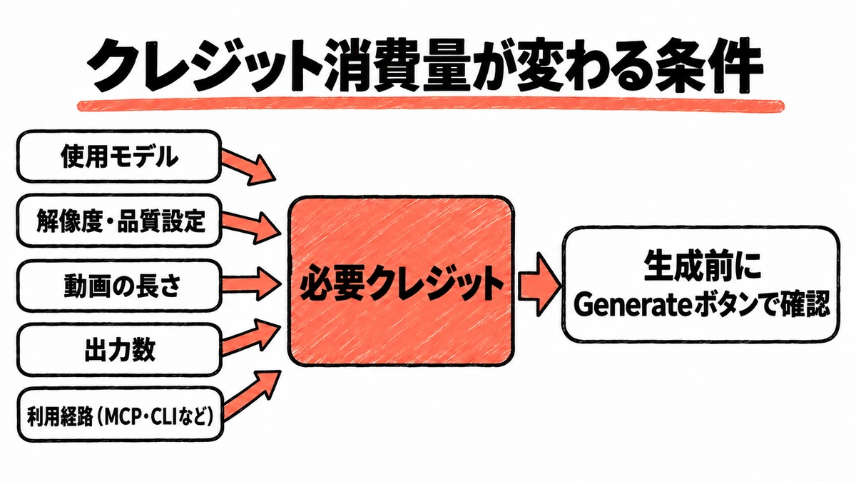 クレジット消費量が変わる5つの条件と、生成前にGenerateボタンで確認する流れの図