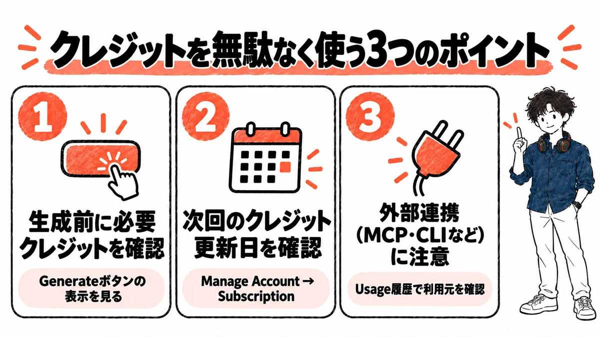 クレジットを無駄なく使う3つのポイント(生成前の確認、更新日の確認、外部連携への注意)の図