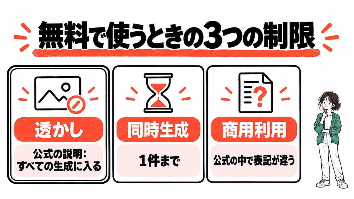 Higgsfield AIを無料で使うときの3つの制限。透かし、同時生成は1件まで、商用利用は公式の中で表記が違う
