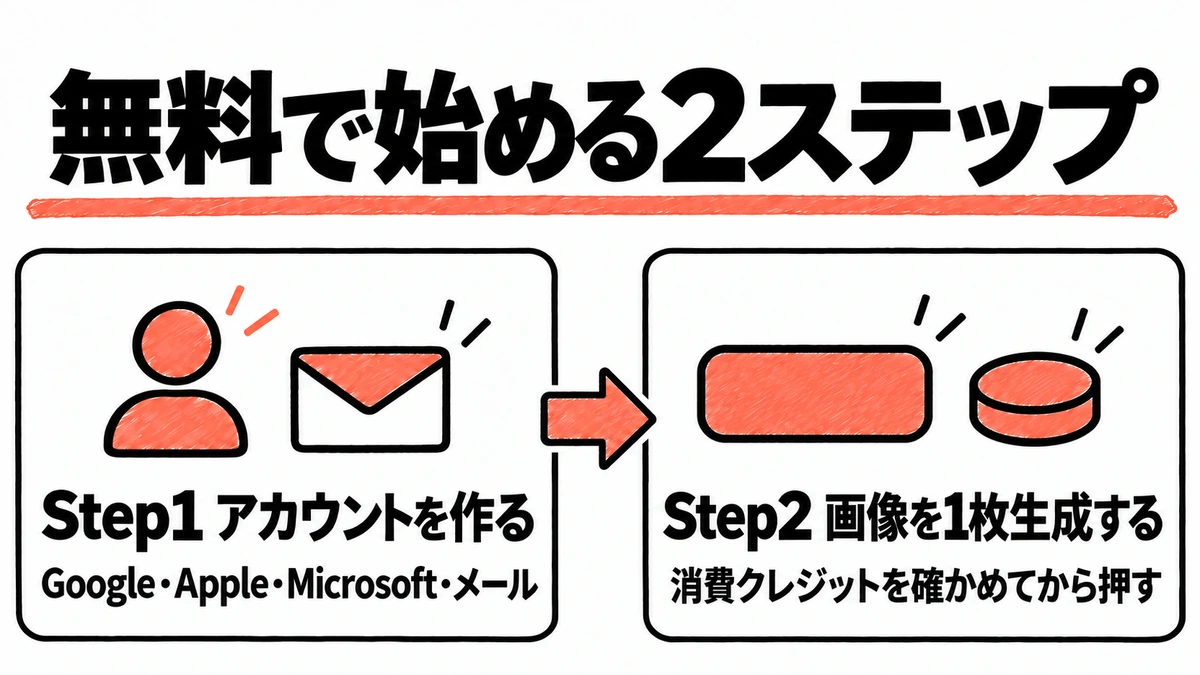 Higgsfield AIを無料で始める2ステップ。アカウントを作り、消費クレジットを確かめてから画像を1枚生成する