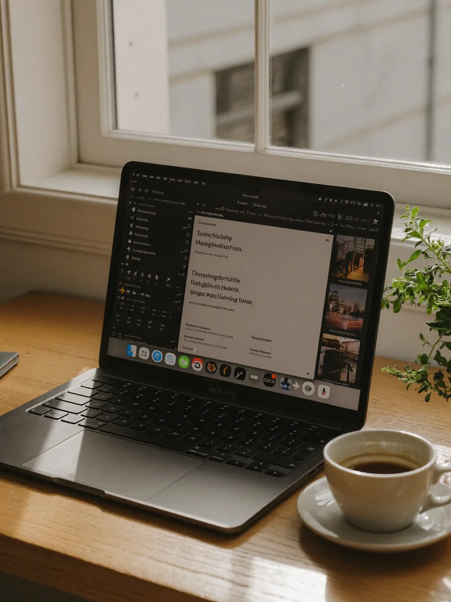 Higgsfieldの無料アカウントで Soul 2.0 を使って生成した画像。窓辺の机にノートパソコンとコーヒーカップ