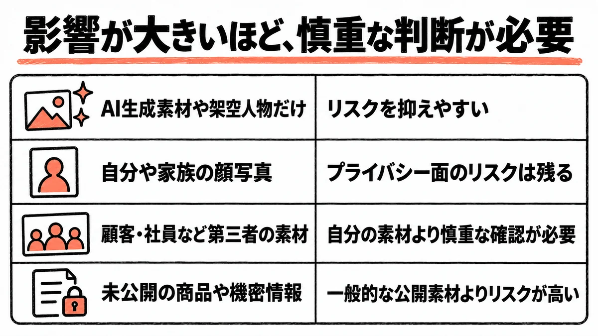 Higgsfieldで使う素材の種類ごとに、リスクの違いを4つの用途で比べた表