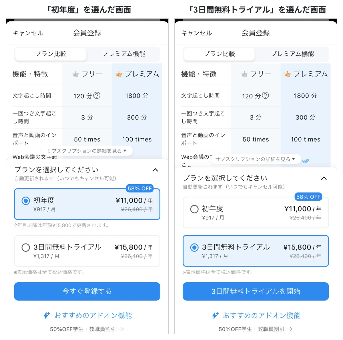 NottaのiPhoneアプリの会員登録画面。初年度は年11,000円、3日間無料トライアルは年15,800円と表示されている