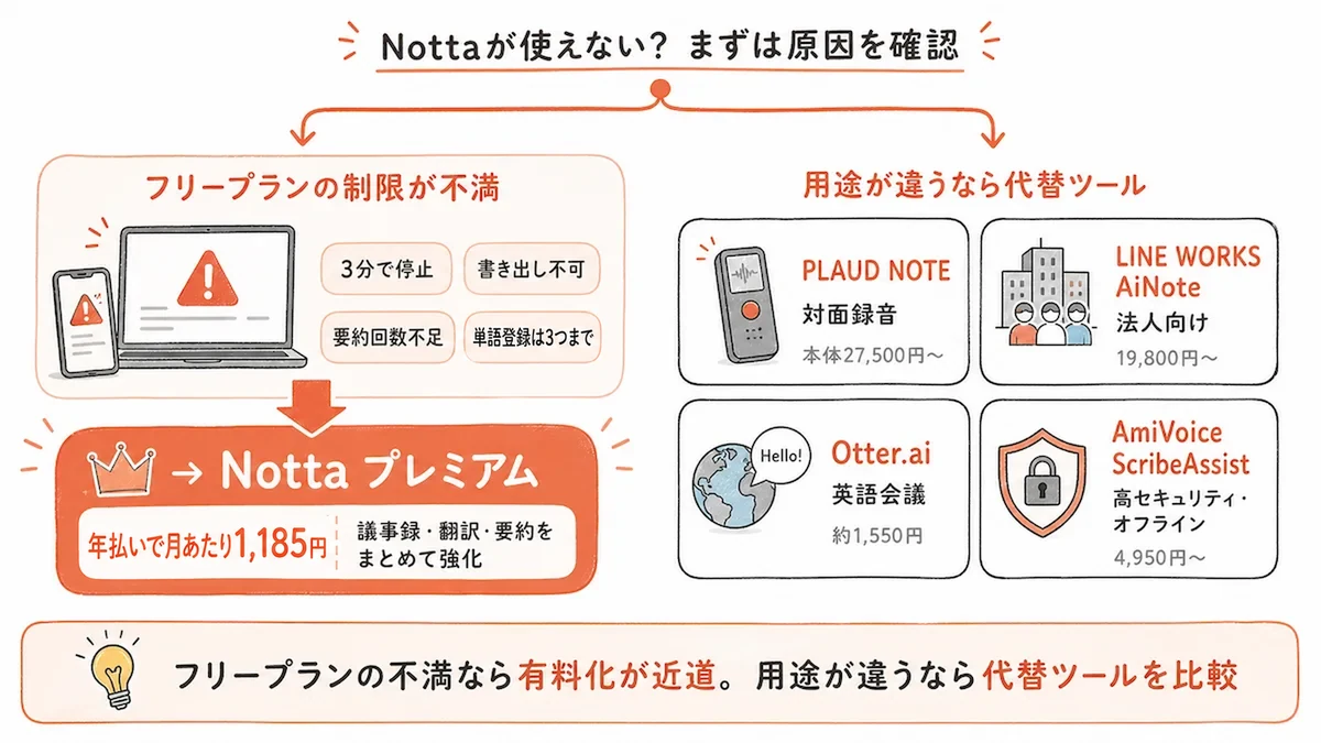 Nottaが使えないときの原因と対処の整理｜フリープランの制限ならプレミアム、用途が違うなら代替ツール
